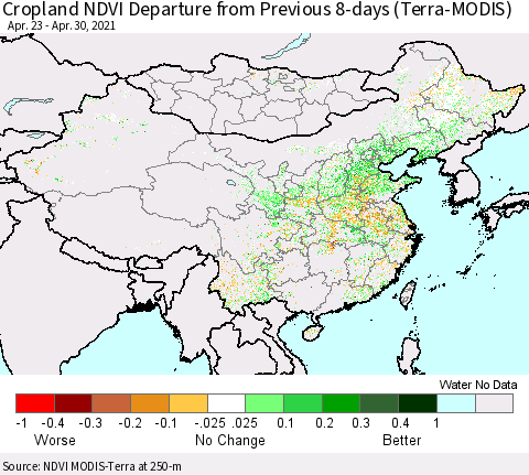 China, Mongolia and Taiwan Cropland NDVI Departure from Previous 8-days (Terra-MODIS) Thematic Map For 4/23/2021 - 4/30/2021