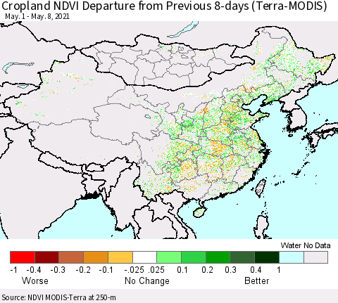 China, Mongolia and Taiwan Cropland NDVI Departure from Previous 8-days (Terra-MODIS) Thematic Map For 5/1/2021 - 5/8/2021