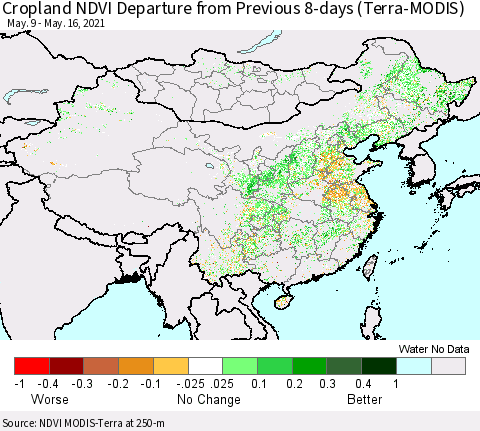 China, Mongolia and Taiwan Cropland NDVI Departure from Previous 8-days (Terra-MODIS) Thematic Map For 5/9/2021 - 5/16/2021