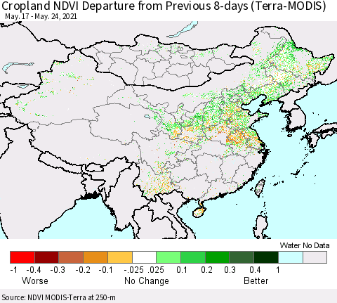 China, Mongolia and Taiwan Cropland NDVI Departure from Previous 8-days (Terra-MODIS) Thematic Map For 5/17/2021 - 5/24/2021