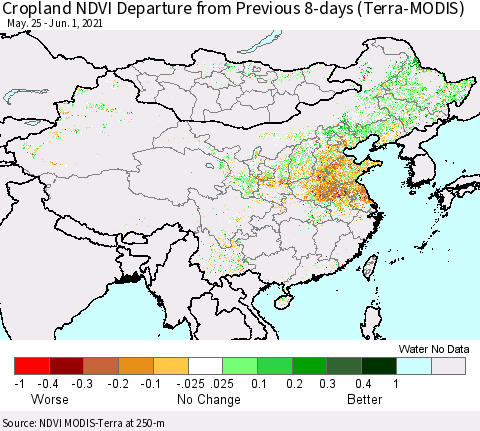 China, Mongolia and Taiwan Cropland NDVI Departure from Previous 8-days (Terra-MODIS) Thematic Map For 5/25/2021 - 6/1/2021