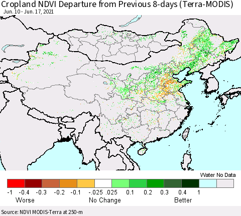 China, Mongolia and Taiwan Cropland NDVI Departure from Previous 8-days (Terra-MODIS) Thematic Map For 6/10/2021 - 6/17/2021