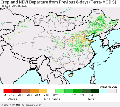 China, Mongolia and Taiwan Cropland NDVI Departure from Previous 8-days (Terra-MODIS) Thematic Map For 6/18/2021 - 6/25/2021
