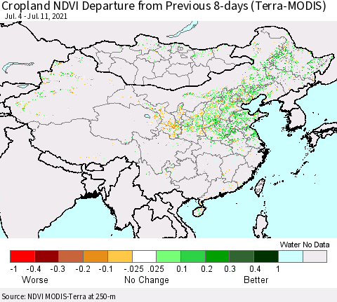 China, Mongolia and Taiwan Cropland NDVI Departure from Previous 8-days (Terra-MODIS) Thematic Map For 7/4/2021 - 7/11/2021