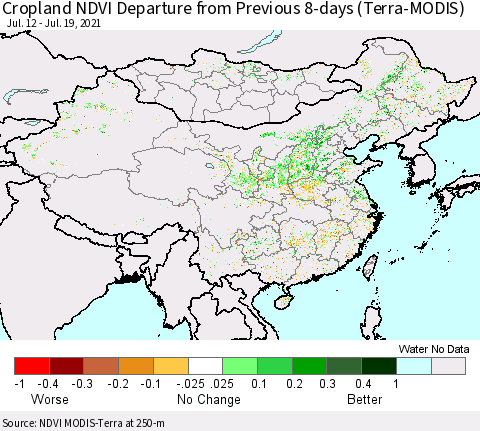 China, Mongolia and Taiwan Cropland NDVI Departure from Previous 8-days (Terra-MODIS) Thematic Map For 7/12/2021 - 7/19/2021