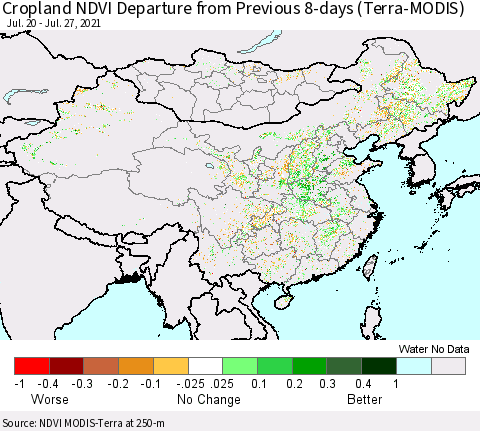 China, Mongolia and Taiwan Cropland NDVI Departure from Previous 8-days (Terra-MODIS) Thematic Map For 7/20/2021 - 7/27/2021