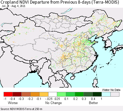 China, Mongolia and Taiwan Cropland NDVI Departure from Previous 8-days (Terra-MODIS) Thematic Map For 7/28/2021 - 8/4/2021
