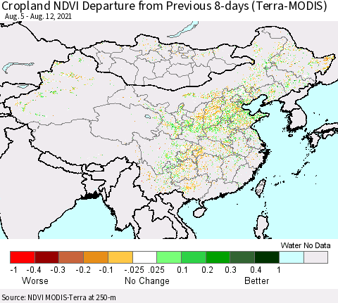 China, Mongolia and Taiwan Cropland NDVI Departure from Previous 8-days (Terra-MODIS) Thematic Map For 8/5/2021 - 8/12/2021
