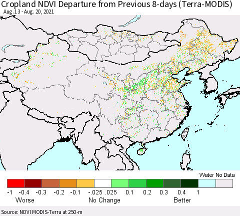 China, Mongolia and Taiwan Cropland NDVI Departure from Previous 8-days (Terra-MODIS) Thematic Map For 8/13/2021 - 8/20/2021