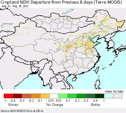 China, Mongolia and Taiwan Cropland NDVI Departure from Previous 8-days (Terra-MODIS) Thematic Map For 8/21/2021 - 8/28/2021