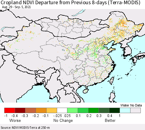 China, Mongolia and Taiwan Cropland NDVI Departure from Previous 8-days (Terra-MODIS) Thematic Map For 8/29/2021 - 9/5/2021