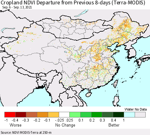 China, Mongolia and Taiwan Cropland NDVI Departure from Previous 8-days (Terra-MODIS) Thematic Map For 9/6/2021 - 9/13/2021