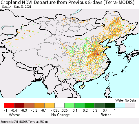 China, Mongolia and Taiwan Cropland NDVI Departure from Previous 8-days (Terra-MODIS) Thematic Map For 9/14/2021 - 9/21/2021