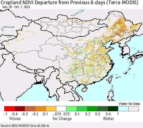 China, Mongolia and Taiwan Cropland NDVI Departure from Previous 8-days (Terra-MODIS) Thematic Map For 9/30/2021 - 10/7/2021
