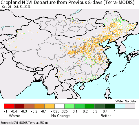 China, Mongolia and Taiwan Cropland NDVI Departure from Previous 8-days (Terra-MODIS) Thematic Map For 10/24/2021 - 10/31/2021
