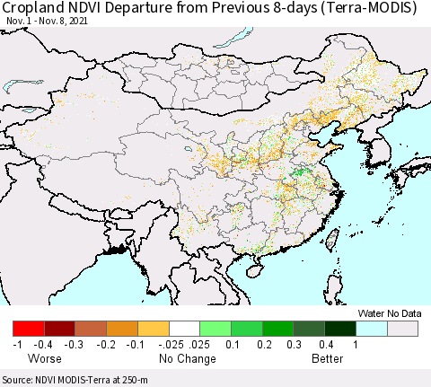 China, Mongolia and Taiwan Cropland NDVI Departure from Previous 8-days (Terra-MODIS) Thematic Map For 11/1/2021 - 11/8/2021
