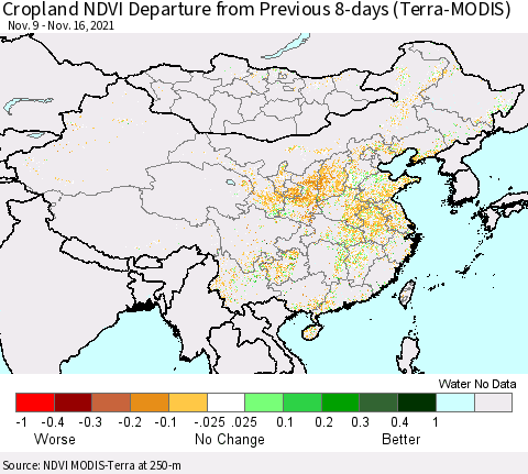 China, Mongolia and Taiwan Cropland NDVI Departure from Previous 8-days (Terra-MODIS) Thematic Map For 11/9/2021 - 11/16/2021