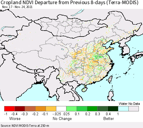 China, Mongolia and Taiwan Cropland NDVI Departure from Previous 8-days (Terra-MODIS) Thematic Map For 11/17/2021 - 11/24/2021