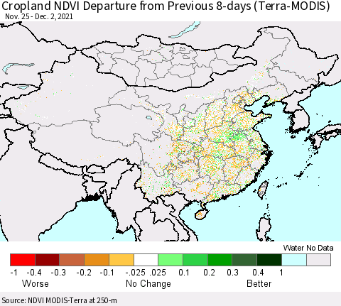 China, Mongolia and Taiwan Cropland NDVI Departure from Previous 8-days (Terra-MODIS) Thematic Map For 11/25/2021 - 12/2/2021