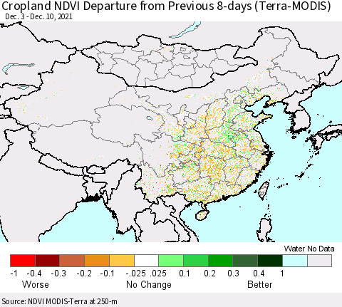 China, Mongolia and Taiwan Cropland NDVI Departure from Previous 8-days (Terra-MODIS) Thematic Map For 12/3/2021 - 12/10/2021