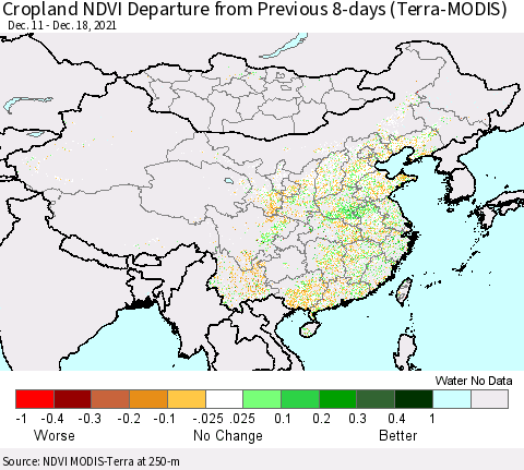 China, Mongolia and Taiwan Cropland NDVI Departure from Previous 8-days (Terra-MODIS) Thematic Map For 12/11/2021 - 12/18/2021