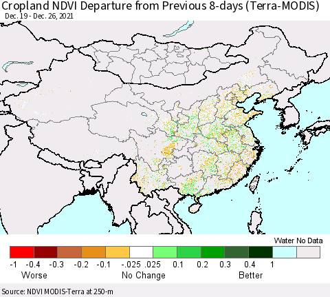 China, Mongolia and Taiwan Cropland NDVI Departure from Previous 8-days (Terra-MODIS) Thematic Map For 12/19/2021 - 12/26/2021