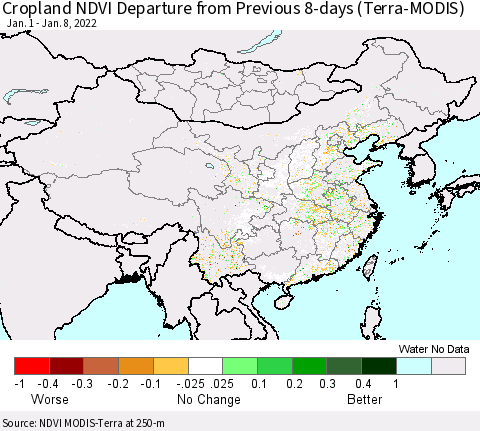 China, Mongolia and Taiwan Cropland NDVI Departure from Previous 8-days (Terra-MODIS) Thematic Map For 1/1/2022 - 1/8/2022