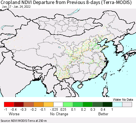 China, Mongolia and Taiwan Cropland NDVI Departure from Previous 8-days (Terra-MODIS) Thematic Map For 1/17/2022 - 1/24/2022