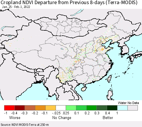 China, Mongolia and Taiwan Cropland NDVI Departure from Previous 8-days (Terra-MODIS) Thematic Map For 1/25/2022 - 2/1/2022