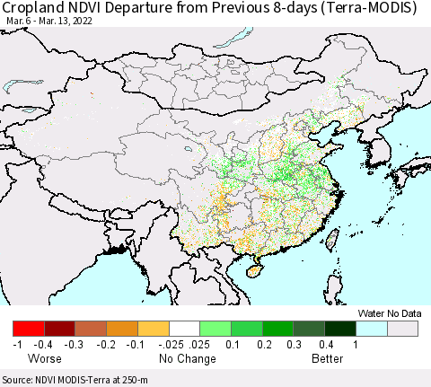 China, Mongolia and Taiwan Cropland NDVI Departure from Previous 8-days (Terra-MODIS) Thematic Map For 3/6/2022 - 3/13/2022