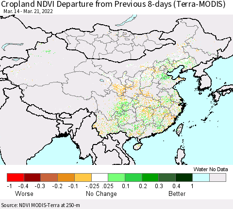 China, Mongolia and Taiwan Cropland NDVI Departure from Previous 8-days (Terra-MODIS) Thematic Map For 3/14/2022 - 3/21/2022