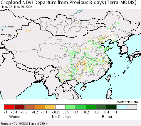 China, Mongolia and Taiwan Cropland NDVI Departure from Previous 8-days (Terra-MODIS) Thematic Map For 3/22/2022 - 3/29/2022