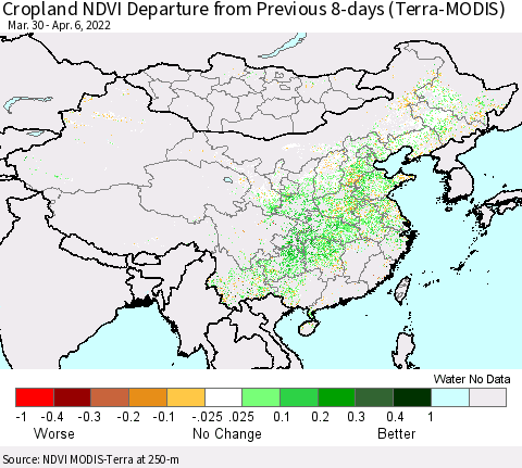 China, Mongolia and Taiwan Cropland NDVI Departure from Previous 8-days (Terra-MODIS) Thematic Map For 3/30/2022 - 4/6/2022