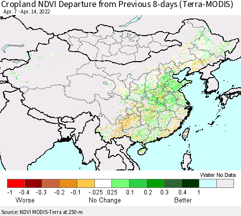 China, Mongolia and Taiwan Cropland NDVI Departure from Previous 8-days (Terra-MODIS) Thematic Map For 4/7/2022 - 4/14/2022