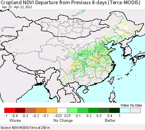 China, Mongolia and Taiwan Cropland NDVI Departure from Previous 8-days (Terra-MODIS) Thematic Map For 4/15/2022 - 4/22/2022