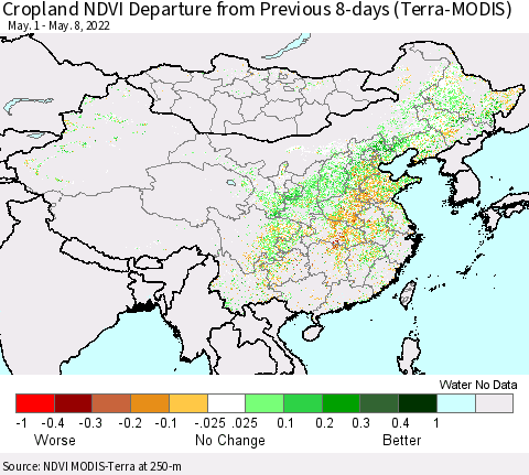 China, Mongolia and Taiwan Cropland NDVI Departure from Previous 8-days (Terra-MODIS) Thematic Map For 5/1/2022 - 5/8/2022