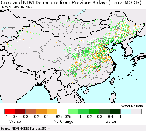China, Mongolia and Taiwan Cropland NDVI Departure from Previous 8-days (Terra-MODIS) Thematic Map For 5/9/2022 - 5/16/2022
