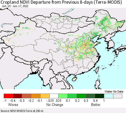 China, Mongolia and Taiwan Cropland NDVI Departure from Previous 8-days (Terra-MODIS) Thematic Map For 6/10/2022 - 6/17/2022