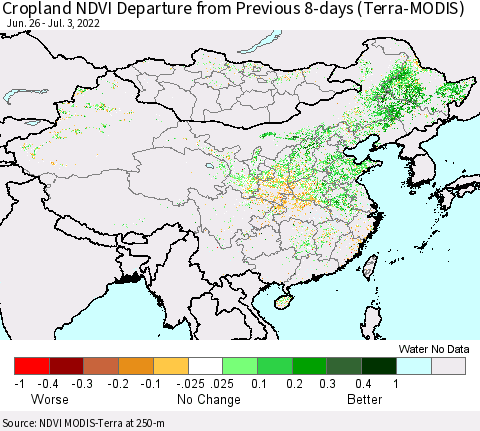China, Mongolia and Taiwan Cropland NDVI Departure from Previous 8-days (Terra-MODIS) Thematic Map For 6/26/2022 - 7/3/2022