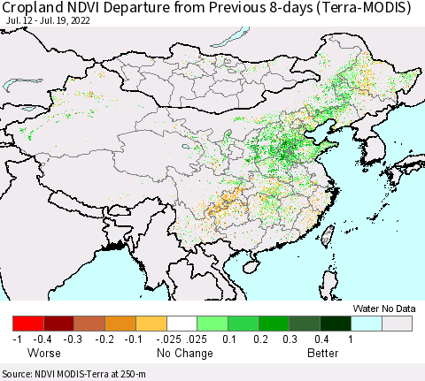 China, Mongolia and Taiwan Cropland NDVI Departure from Previous 8-days (Terra-MODIS) Thematic Map For 7/12/2022 - 7/19/2022
