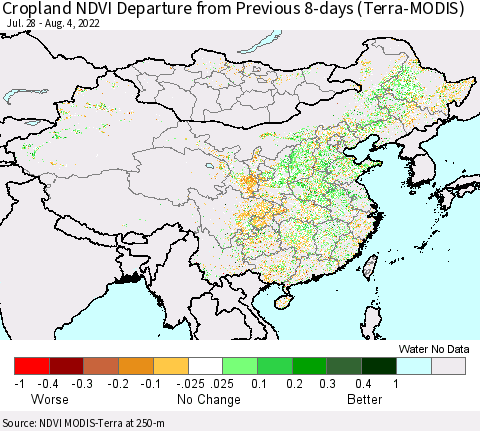 China, Mongolia and Taiwan Cropland NDVI Departure from Previous 8-days (Terra-MODIS) Thematic Map For 7/28/2022 - 8/4/2022