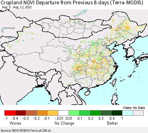 China, Mongolia and Taiwan Cropland NDVI Departure from Previous 8-days (Terra-MODIS) Thematic Map For 8/5/2022 - 8/12/2022