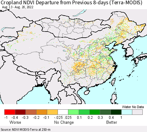 China, Mongolia and Taiwan Cropland NDVI Departure from Previous 8-days (Terra-MODIS) Thematic Map For 8/13/2022 - 8/20/2022
