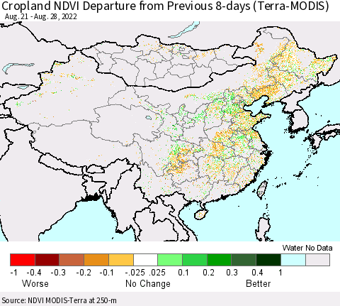 China, Mongolia and Taiwan Cropland NDVI Departure from Previous 8-days (Terra-MODIS) Thematic Map For 8/21/2022 - 8/28/2022
