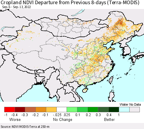 China, Mongolia and Taiwan Cropland NDVI Departure from Previous 8-days (Terra-MODIS) Thematic Map For 9/6/2022 - 9/13/2022