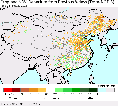 China, Mongolia and Taiwan Cropland NDVI Departure from Previous 8-days (Terra-MODIS) Thematic Map For 9/14/2022 - 9/21/2022