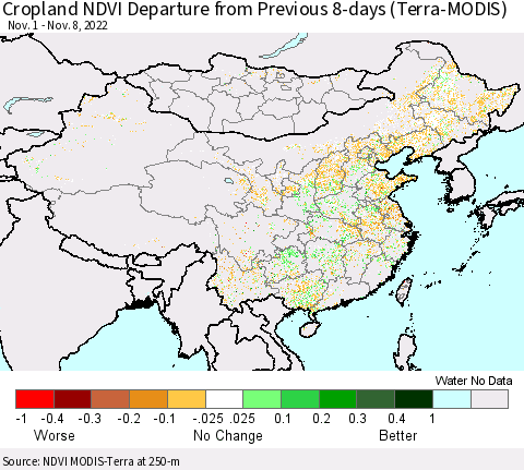 China, Mongolia and Taiwan Cropland NDVI Departure from Previous 8-days (Terra-MODIS) Thematic Map For 11/1/2022 - 11/8/2022