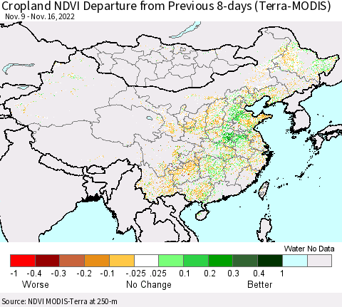 China, Mongolia and Taiwan Cropland NDVI Departure from Previous 8-days (Terra-MODIS) Thematic Map For 11/9/2022 - 11/16/2022