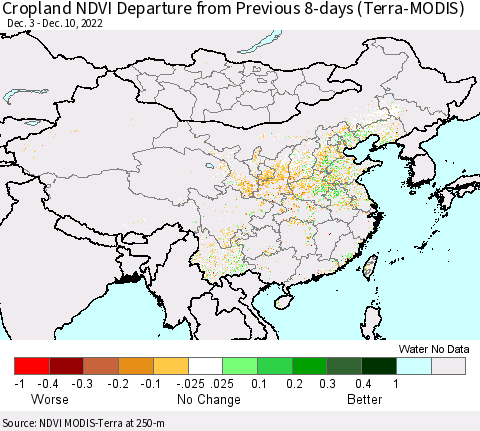 China, Mongolia and Taiwan Cropland NDVI Departure from Previous 8-days (Terra-MODIS) Thematic Map For 12/3/2022 - 12/10/2022