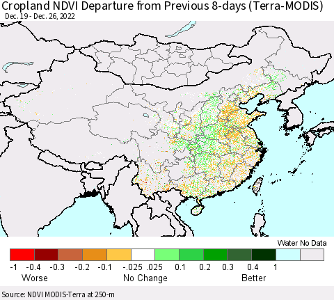 China, Mongolia and Taiwan Cropland NDVI Departure from Previous 8-days (Terra-MODIS) Thematic Map For 12/19/2022 - 12/26/2022
